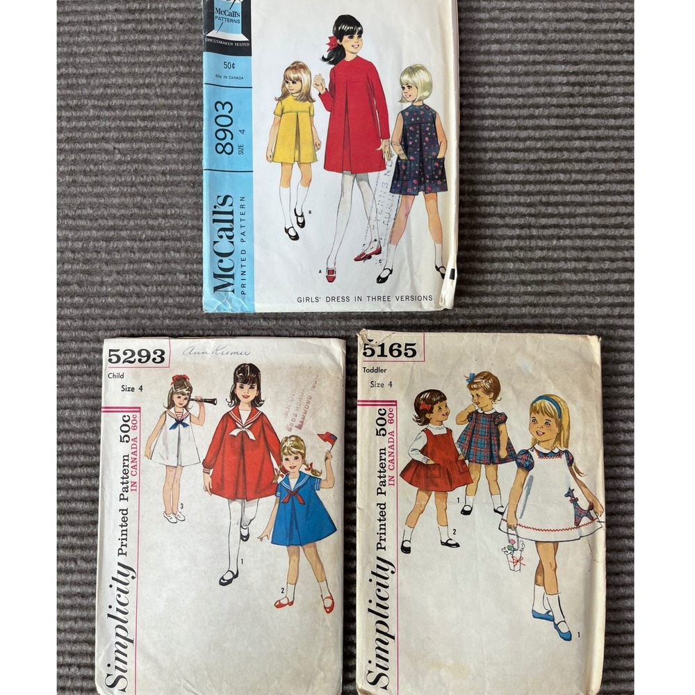 Vintage 1960s Girls Sewing Patterns Lot McCalls 8903 Simplicity 5293 5165 Size 4